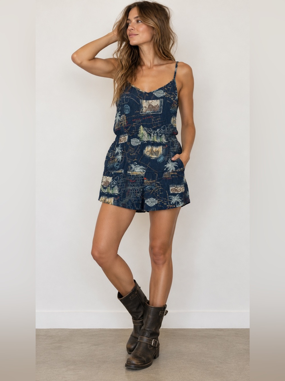 Harley-Davidson Vintage Road Map Print Romper Biker Y2K